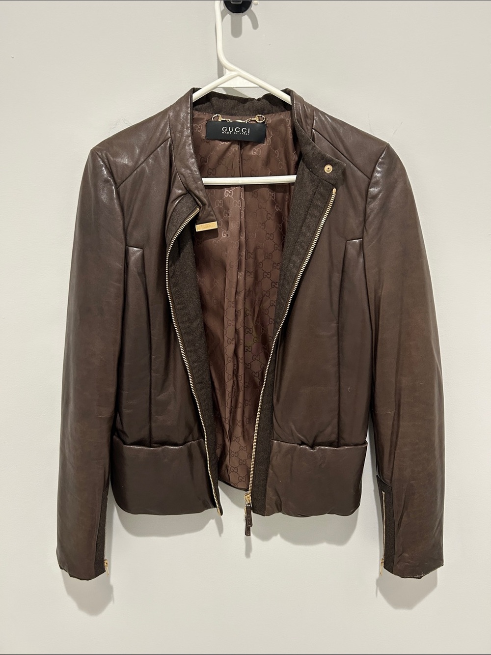 Gucci Dark Brown Leather Zip Bomber Jacket